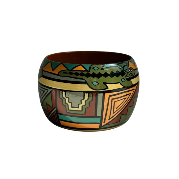 Handpainted Artisan Aztec Snake Pattern Green Brown Wide Wood Bracelet - Picture 4 of 7